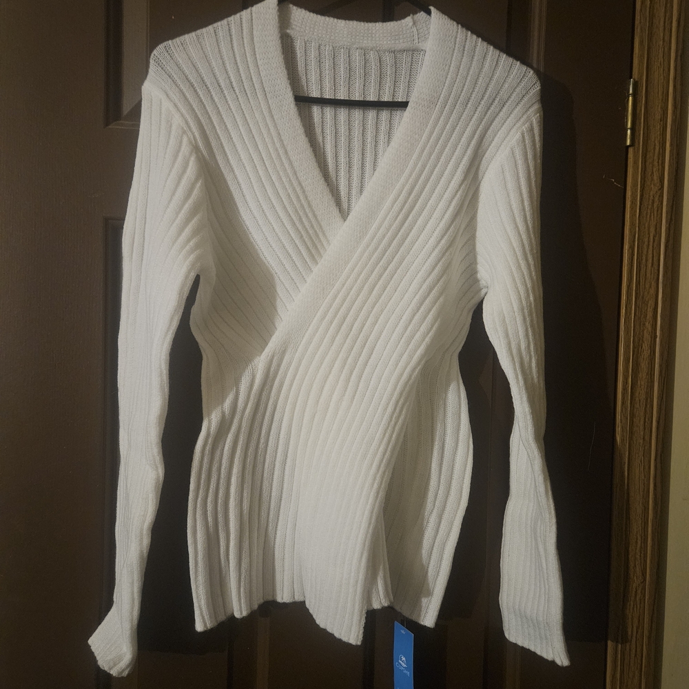Cupshe White Ribbed V-Neck Wrap Knit Sweater